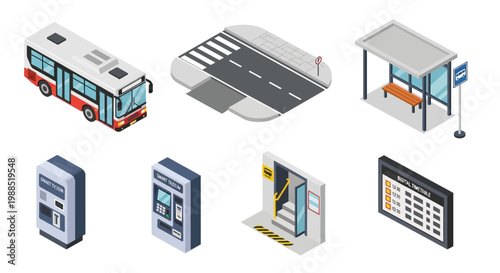 Isometric City Bus Transport Icon Set with Bus Stop, Ticket Machine, and Digital Timetable