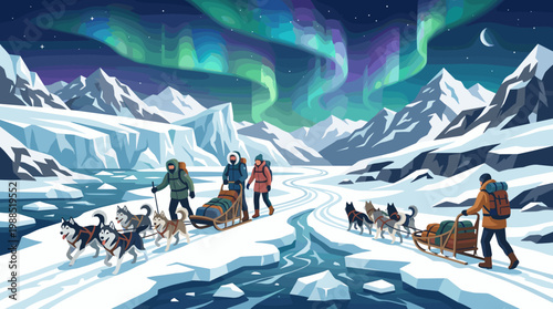 Vibrant vector illustration depicts adventurers dog sledding through a stunning Arctic landscape under the majestic aurora borealis. Perfect for travel, nature, or adventure themes.