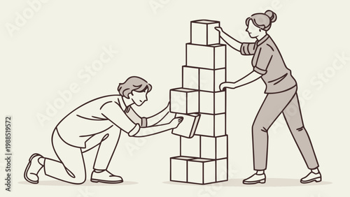 Two people carefully stacking boxes to build a tall tower together, representing teamwork and construction.