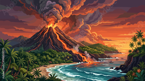 Vibrant vector illustration of a dramatic volcanic eruption on a tropical island beach with molten lava flowing into the ocean under a fiery sunset sky. Ideal for travel, nature, disaster themes.