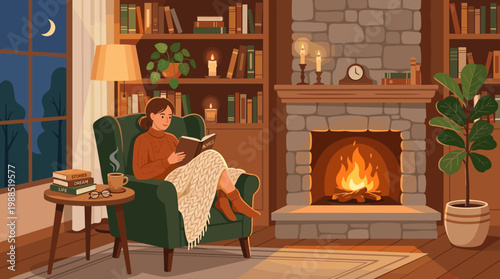 Vector illustration of a woman reading a book in a cozy armchair by a fireplace, wrapped in a blanket. Warm home library scene, perfect for relaxation.