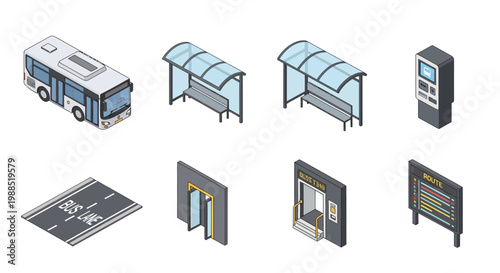 Isometric City Bus Transportation Icon Set with Bus Stop, Ticket Machine, Road Lane, and Route Map.