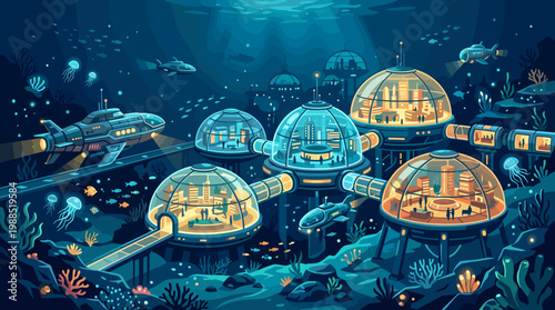 Futuristic underwater city illustration with domed habitats, submersibles, and marine life. Perfect for themes of innovation, exploration, and future.