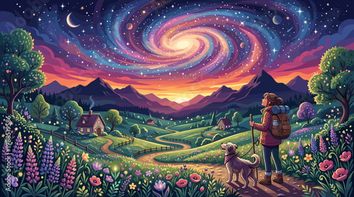 A whimsical vector illustration of a hiker and dog gazing at a vibrant, swirling galaxy above a peaceful mountain village and lush flower fields at sunset. Ideal for fantasy, adventure