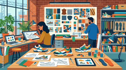 Professional footwear designers work in a creative studio, developing athletic shoes with sketches, materials, and digital tools. Ideal for fashion, innovation, and industry content.