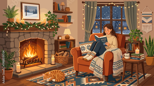 Cozy hygge home interior with a woman reading by a warm fireplace and a sleeping cat, as snow falls outside. Perfect for winter relaxation.