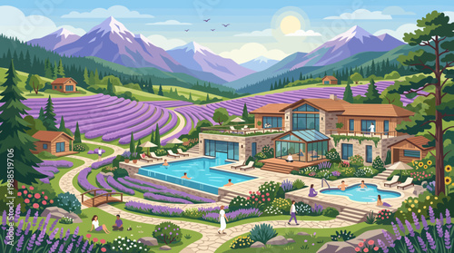 Idyllic vector scene: a luxurious mountain spa resort surrounded by vibrant lavender fields. People enjoy pools and nature. Great for travel promotions.
