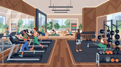 Vector illustration of a modern gym bustling with diverse individuals engaging in various fitness activities like running, stretching, and weightlifting, promoting health and wellness.