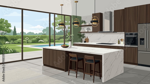 Stylish open-plan kitchen vector with a large marble island, bar stools, and panoramic windows overlooking a lush green garden with a pool. Perfect for modern home design.