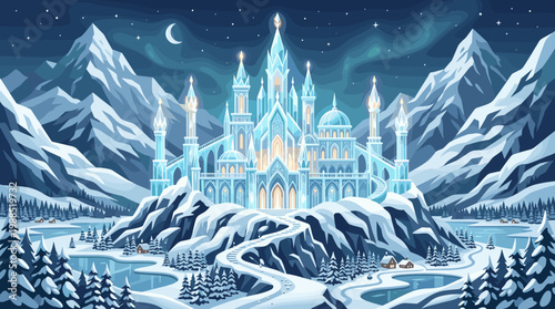 A majestic ice castle gleams under a starry night sky in a serene winter mountain landscape, perfect for fairytale themes and children's content.