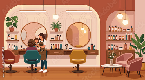 Stylish hair salon interior featuring a hairdresser styling a client's hair. Modern, warm decor with beauty products and seating. Perfect for beauty business marketing.