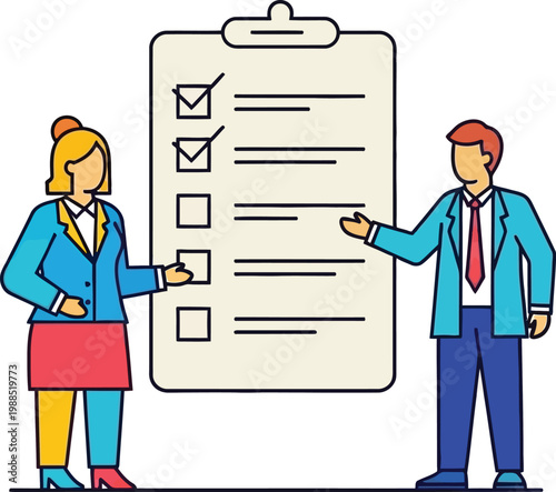 Business checklist management flat vector illustration with team planning