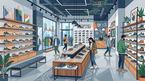 Trendy shoe store interior featuring customers browsing diverse sneakers and athletic footwear. A contemporary retail experience, perfect for fashion and e-commerce designs.