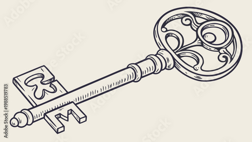 Antique ornate key with intricate swirling patterns, symbolizing mystery and access.