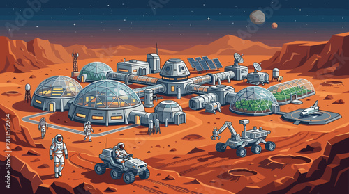 A vibrant vector illustration of a bustling future Mars colony. Astronauts, rovers, and habitats create a lively scene of space exploration under a starry sky. Ideal for science and tech visuals.
