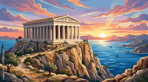 Majestic ancient Greek temple on a cliff at sunset, overlooking the calm Mediterranean Sea. Vibrant vector art for travel, history, or cultural designs.