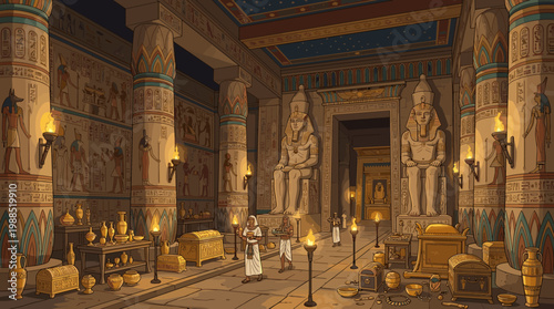Detailed vector illustration of a grand Egyptian temple, featuring priests, hieroglyphs, pharaoh statues, and valuable golden treasures. Ideal for history, travel, or gaming.
