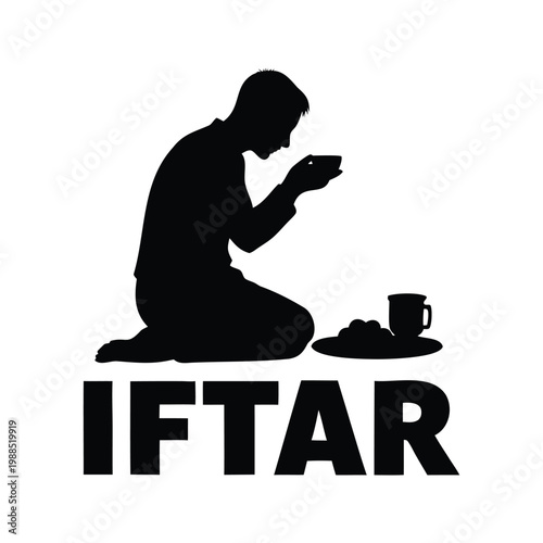 Silhouette of person praying during iftar with food and drink silhouette vector illustration, person breaking fast at iftar silhouette vector illustration