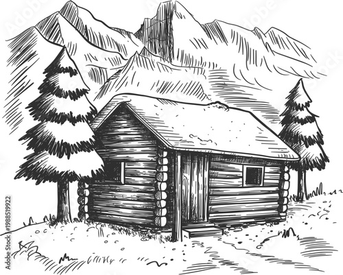 Hand drawn log cabin illustration in a mountain landscape with pine trees in minimalist black line art for winter travel and outdoor adventure concept vector