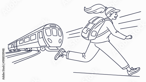 Young woman with backpack running to catch a departing train
