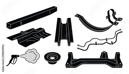 Automotive underbody components collection isolated on grey checkered background