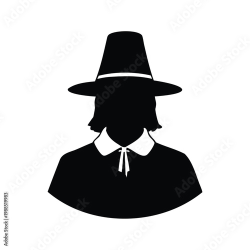 Silhouette of pilgrim woman with hat and collar detailing vector illustration, pilgrim bonnet silhouette vector illustration