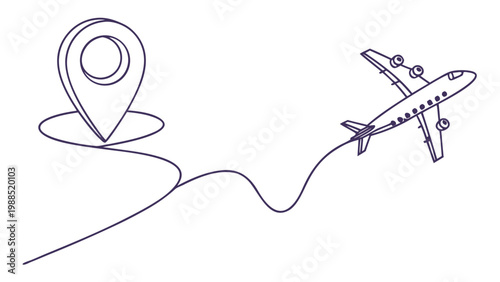 Airplane following a route from a location marker, symbolizing travel and destination.