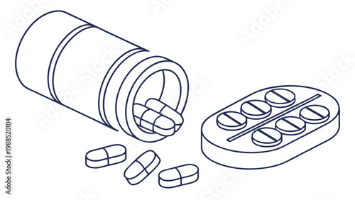 Pills spilling from an open bottle onto a surface next to a blister pack.