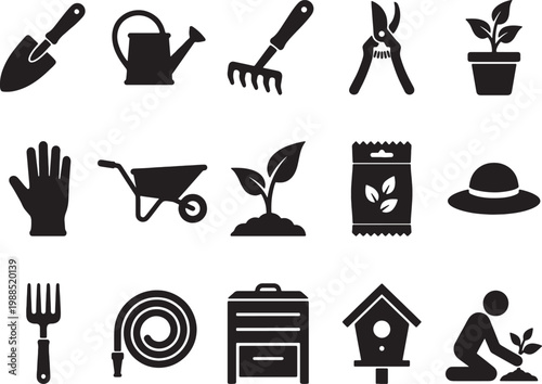 Collection of black silhouette garden tools and equipment for planting and cultivation