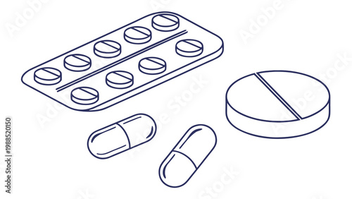 Assorted pills and blister pack illustration representing medication and healthcare