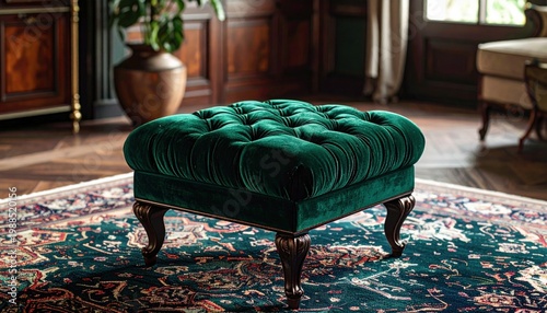 Deep Emerald Velvet Tufted Ottoman with Ornate Carved Legs on an Ornate Rug in a Luxurious Interior Setting