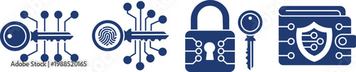 Cyber Security and Digital Privacy Icon Set, Data Protection Smart Key Lock, Biometric Fingerprint Access, Secure Digital Wallet Symbols