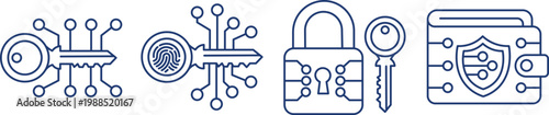 Cyber Security and Digital Privacy Outline Icon Set, Data Protection Smart Key Lock, Biometric Fingerprint Access, Secure Digital Wallet Symbols