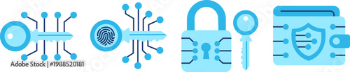Cyber Security and Digital Privacy Flat Icon Set, Data Protection Smart Key Lock, Biometric Fingerprint Access, Secure Digital Wallet Symbols