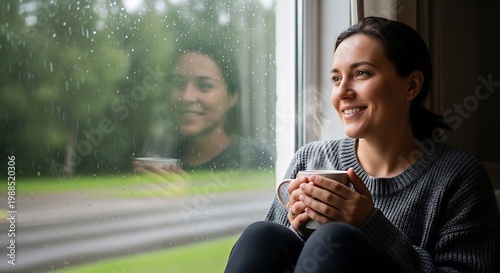 Woman sitting by window with coffee.
