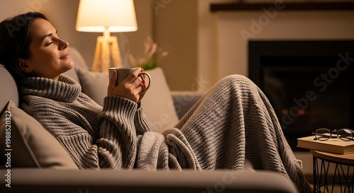Woman relaxing on couch with coffee.