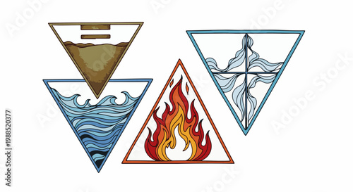 Four elemental symbols earth, water, fire, and air, artfully depicted