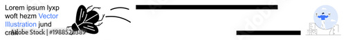 Insects, fear, humor, confrontation, human reaction, motion dynamics. Black flying insect approaching a human figure. Insects and fear concept showing dynamic confrontation