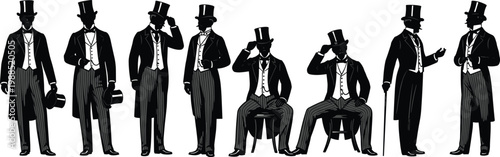 Vector collection of vintage gentleman silhouettes wearing top hats and formal suits in various poses including sitting standing and tipping hats isolated on white background