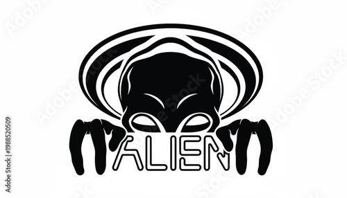 Alien head logo with retro halo rings and futuristic mouth line art in bold black and white vector style