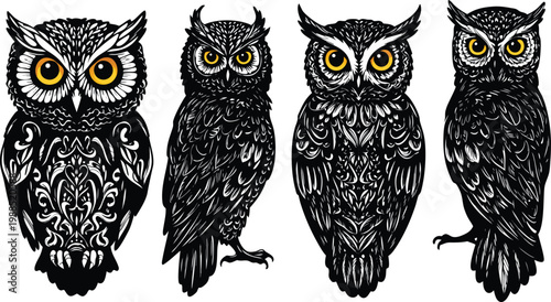 Four owls in a row with colorful eyes on white background