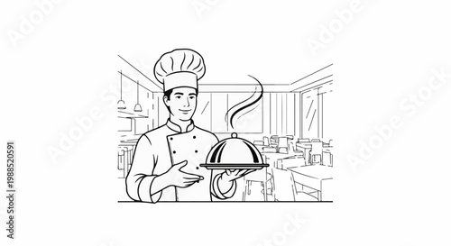 Chef presents a steaming dish in a restaurant dining area