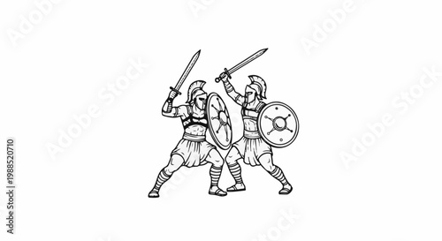 Two gladiators in combat, swords raised, shields held
