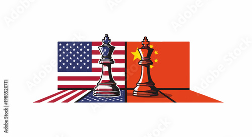 Two chess kings representing countries face each other on opposing flags
