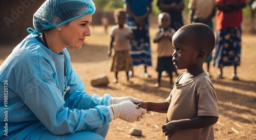 Professional doctor in surgical gear connecting with a vulnerable child. A powerful image for World Refugee Day, highlighting the importance of health services and protection for displaced people