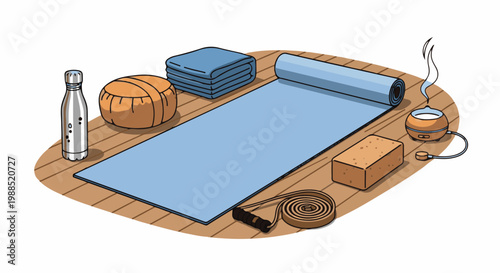 Yoga mat with water bottle, bolster, towels, brick, strap, and diffuser
