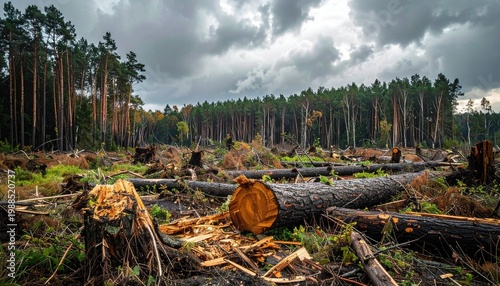 Deforested Woodland Landscape Showing Cut Trees and Wood Debris Under a Cloudy Sky