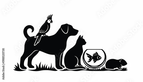 Bird and cow icon with fishbowl and grass elements in bold black silhouette style for farm and aquarium themes