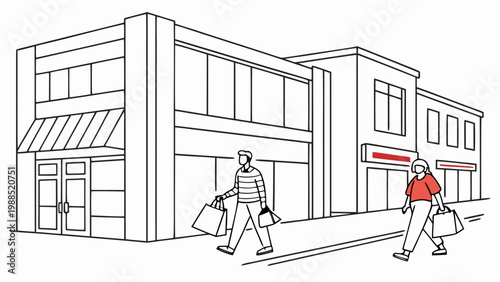 Two people walk with shopping bags in front of a row of storefronts