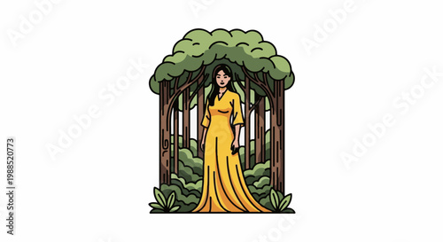 Woman in yellow dress stands in a forest clearing